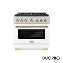 ZLINE Autograph Edition 36 in. 5.2 cu. ft. Paramount Dual Fuel Range with 6 Burner DuoPro™ Cooktop and Electric Convection Oven with White Matte Door and Polished Gold Accents, Open Box-Great Condition