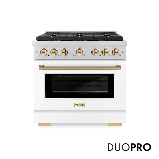 ZLINE Autograph Edition 36 in. 5.2 cu. ft. Paramount Dual Fuel Range with 6 Burner DuoPro™ Cooktop and Electric Convection Oven with White Matte Door and Polished Gold Accents, Open Box-Great Condition