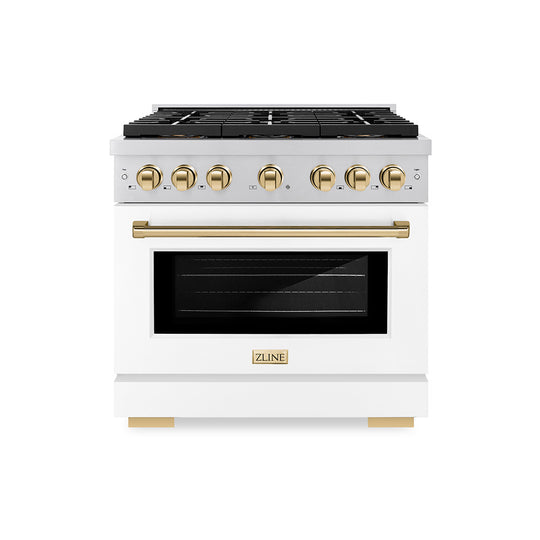 ZLINE Autograph Edition 36 in. 5.2 cu. ft. Paramount Dual Fuel Range with 6 Burner DuoPro™ Cooktop and Electric Convection Oven with White Matte Door and Polished Gold Accents (PSDRZ-WM-36-G)