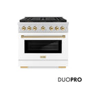 ZLINE Autograph Edition 36 in. 5.2 cu. ft. Paramount Dual Fuel Range with 6 Burner DuoPro™ Cooktop and Electric Convection Oven with White Matte Door and Polished Gold Accents, Open Box-Good Condition