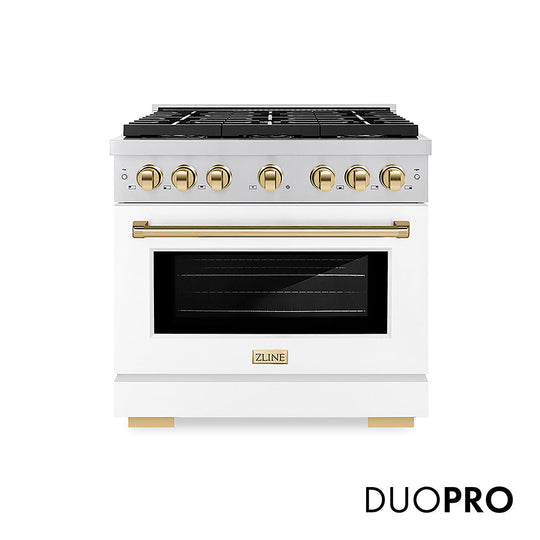 ZLINE Autograph Edition 36 in. 5.2 cu. ft. Paramount Dual Fuel Range with 6 Burner DuoPro™ Cooktop and Electric Convection Oven with White Matte Door and Polished Gold Accents, Open Box-Good Condition