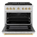 ZLINE Autograph Edition 36 in. 5.2 cu. ft. Paramount Dual Fuel Range with 6 Burner DuoPro™ Cooktop and Electric Convection Oven with White Matte Door and Polished Gold Accents, Open Box-Good Condition