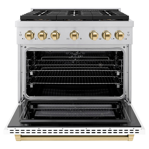 ZLINE Autograph Edition 36 in. 5.2 cu. ft. Paramount Dual Fuel Range with 6 Burner DuoPro™ Cooktop and Electric Convection Oven with White Matte Door and Polished Gold Accents, Open Box-Good Condition