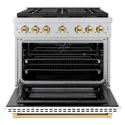 ZLINE Autograph Edition 36 in. 5.2 cu. ft. Paramount Dual Fuel Range with 6 Burner DuoPro™ Cooktop and Electric Convection Oven with White Matte Door and Polished Gold Accents, Open Box-Great Condition