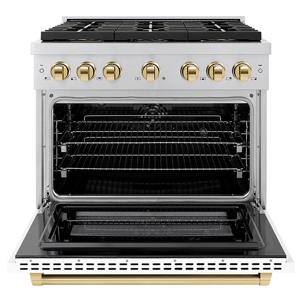 ZLINE Autograph Edition 36 in. 5.2 cu. ft. Paramount Dual Fuel Range with 6 Burner DuoPro™ Cooktop and Electric Convection Oven with White Matte Door and Polished Gold Accents, Open Box-Great Condition
