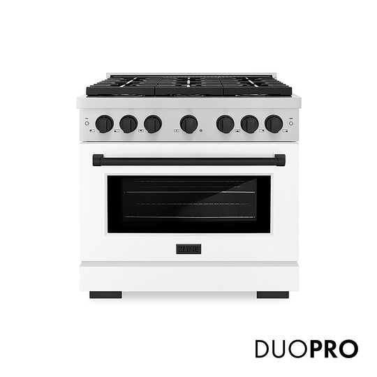 ZLINE Autograph Edition 36 in. 5.2 cu. ft. Paramount Dual Fuel Range with 6 Burner DuoPro™ Cooktop and Electric Convection Oven with White Matte Door and Matte Black Accents, Open Box-Great Condition