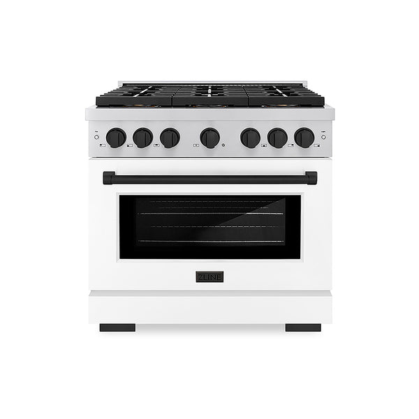 ZLINE Autograph Edition 36 in. 5.2 cu. ft. Paramount Dual Fuel Range with 6 Burner DuoPro™ Cooktop and Electric Convection Oven with White Matte Door and Matte Black Accents, Open Box-Great Condition