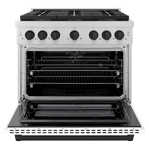 ZLINE Autograph Edition 36 in. 5.2 cu. ft. Paramount Dual Fuel Range with 6 Burner DuoPro™ Cooktop and Electric Convection Oven with White Matte Door and Matte Black Accents, Open Box-Good Condition