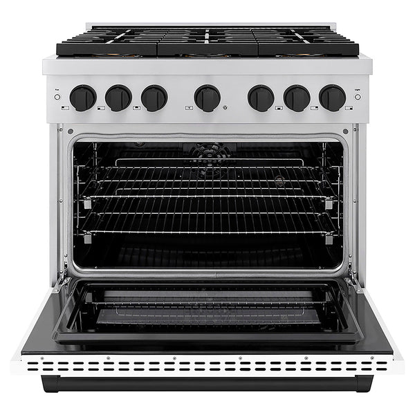 ZLINE Autograph Edition 36 in. 5.2 cu. ft. Paramount Dual Fuel Range with 6 Burner DuoPro™ Cooktop and Electric Convection Oven with White Matte Door and Matte Black Accents, Open Box-Great Condition