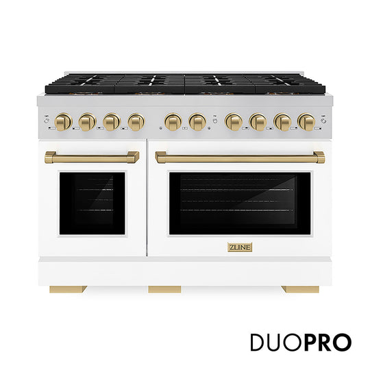 ZLINE Autograph Edition 48 in. 6.7 cu. ft. Paramount Dual Fuel Range with 8 Burner DuoPro™ Cooktop and Dual Ovens with White Matte Doors and Champagne Bronze Accents, Open Box-Great Condition