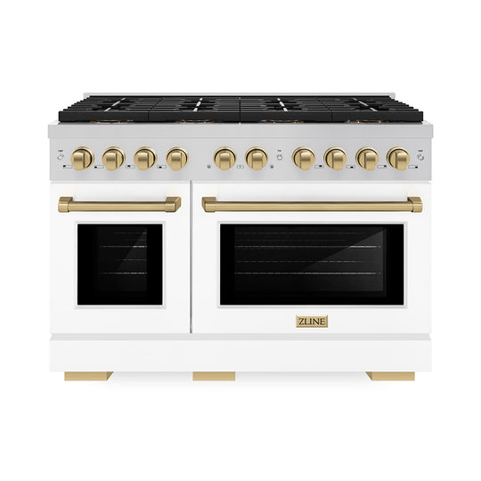 ZLINE Autograph Edition 48 in. 6.7 cu. ft. Paramount Dual Fuel Range with 8 Burner DuoPro™ Cooktop and Dual Ovens with White Matte Doors and Champagne Bronze Accents (PSDRZ-WM-48-CB)
