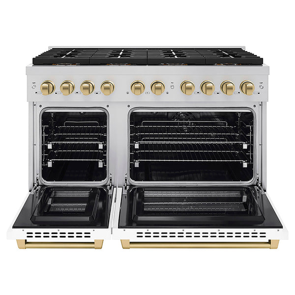 ZLINE Autograph Edition 48 in. 6.7 cu. ft. Paramount Dual Fuel Range with 8 Burner DuoPro™ Cooktop and Dual Ovens with White Matte Doors and Champagne Bronze Accents, Open Box-Great Condition