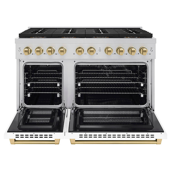 ZLINE Autograph Edition 48 in. 6.7 cu. ft. Paramount Dual Fuel Range with 8 Burner DuoPro™ Cooktop and Dual Ovens with White Matte Doors and Champagne Bronze Accents, Open Box-Good Condition