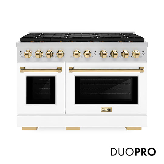 ZLINE Autograph Edition 48 in. 6.7 cu. ft. Paramount Dual Fuel Range with 8 Burner DuoPro™ Cooktop and Dual Ovens with White Matte Doors and Polished Gold Accents, Open Box-Great Condition