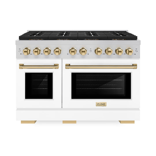 ZLINE Autograph Edition 48 in. 6.7 cu. ft. Paramount Dual Fuel Range with 8 Burner DuoPro™ Cooktop and Dual Ovens with White Matte Doors and Polished Gold Accents (PSDRZ-WM-48-G)