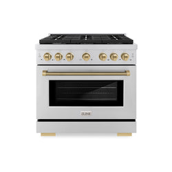 ZLINE Autograph Edition 36 in. 5.2 cu. ft. Paramount Dual Fuel Range with 6 Burner Gas Cooktop and Electric Convection Oven in Stainless Steel with Champagne Bronze Helix Handle and Knob Accents (SDRZ-36-KCB)