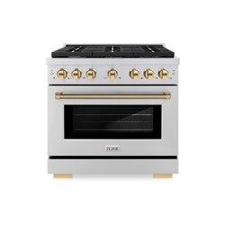 ZLINE Autograph Edition 36 in. 5.2 cu. ft. Paramount Dual Fuel Range with 6 Burner Gas Cooktop and Electric Convection Oven in Stainless Steel with Polished Gold Helix Handle and Knob Accents (SDRZ-36-KG)