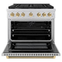 ZLINE Autograph Edition 36 in. 5.2 cu. ft. Paramount Dual Fuel Range with 6 Burner Gas Cooktop and Electric Convection Oven in Stainless Steel with Polished Gold Helix Handle and Knob Accents (SDRZ-36-KG)