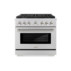 ZLINE Autograph Edition 36 in. 5.2 cu. ft. Paramount Dual Fuel Range with 6 Burner Gas Cooktop and Electric Convection Oven in Stainless Steel with Polished Nickel Helix Handle and Knob Accents (SDRZ-36-KPN)
