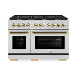 ZLINE Autograph Edition 48 in. 6.7 cu. ft. Paramount Double Oven Dual Fuel Range with 8 Burner Gas Cooktop in Stainless Steel and Polished Gold Helix Handles and Knob Accents (SDRZ-48-KG)