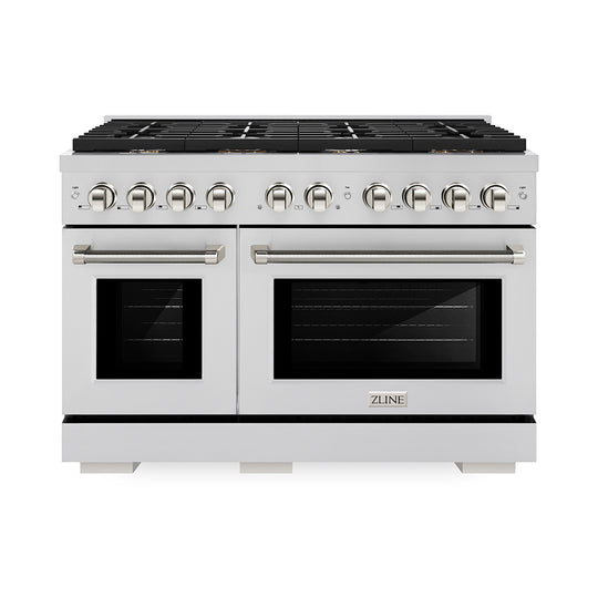 ZLINE Autograph Edition 48 in. 6.7 cu. ft. Paramount Double Oven Dual Fuel Range with 8 Burner Gas Cooktop in Stainless Steel and Polished Nickel Helix Handles and Knob Accents, Open Box-Great Condition