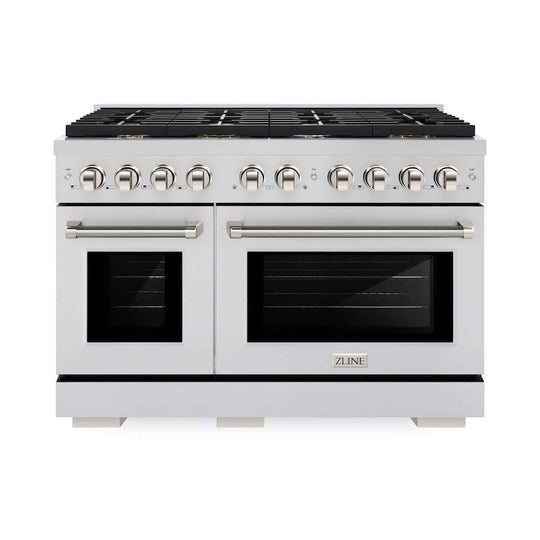 ZLINE Autograph Edition 48 in. 6.7 cu. ft. Paramount Double Oven Dual Fuel Range with 8 Burner Gas Cooktop in Stainless Steel and Polished Nickel Helix Handles and Knob Accents, Open Box-Good Condition