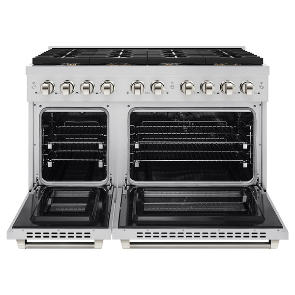 ZLINE Autograph Edition 48 in. 6.7 cu. ft. Paramount Double Oven Dual Fuel Range with 8 Burner Gas Cooktop in Stainless Steel and Polished Nickel Helix Handles and Knob Accents, Open Box-Great Condition