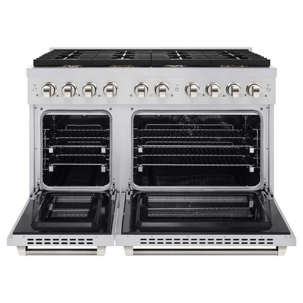 ZLINE Autograph Edition 48 in. 6.7 cu. ft. Paramount Double Oven Dual Fuel Range with 8 Burner Gas Cooktop in Stainless Steel and Polished Nickel Helix Handles and Knob Accents, Open Box-Good Condition