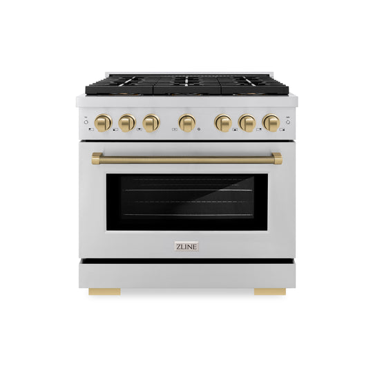 ZLINE Autograph Edition 36 in. 5.2 cu. ft. Paramount Dual Fuel Range with 6 Burner DuoPro™ Cooktop and Electric Convection Oven in Stainless Steel with Champagne Bronze Helix Handle and Accents (PSDRZ-36-KCB)