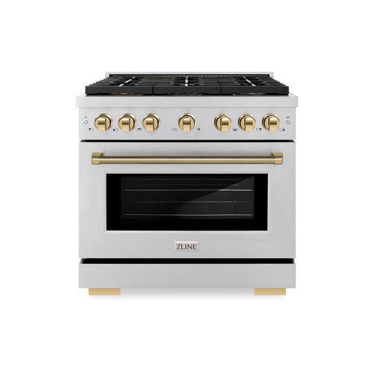 ZLINE Autograph Edition 36 in. 5.2 cu. ft. Paramount Dual Fuel Range with 6 Burner DuoPro™ Cooktop and Electric Convection Oven in Stainless Steel with Polished Gold Helix Handle and Accents (PSDRZ-36-KG)