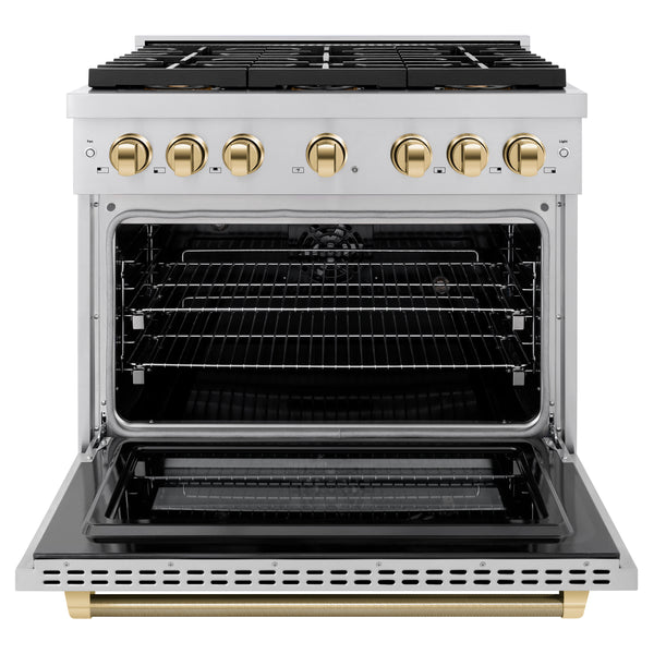 ZLINE Autograph Edition 36 in. 5.2 cu. ft. Paramount Dual Fuel Range with 6 Burner DuoPro™ Cooktop and Electric Convection Oven in Stainless Steel with Polished Gold Helix Handle and Accents (PSDRZ-36-KG)
