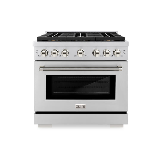 ZLINE Autograph Edition 36 in. 5.2 cu. ft. Paramount Dual Fuel Range with 6 Burner DuoPro™ Cooktop and Electric Convection Oven in Stainless Steel with Polished Nickel Helix Handle and Accents (PSDRZ-36-KPN)