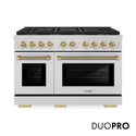 ZLINE Autograph Edition 48 in. 6.7 cu. ft. Paramount Dual Fuel Range with 8 Burner DuoPro™ Cooktop and Dual Ovens in Stainless Steel with Champagne Bronze Helix Handles and Accents (PSDRZ-48-KCB)