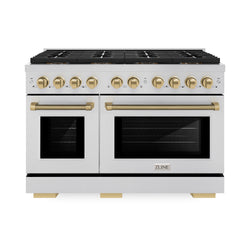 ZLINE Autograph Edition 48 in. 6.7 cu. ft. Paramount Dual Fuel Range with 8 Burner DuoPro™ Cooktop and Dual Ovens in Stainless Steel with Champagne Bronze Helix Handles and Accents (PSDRZ-48-KCB)