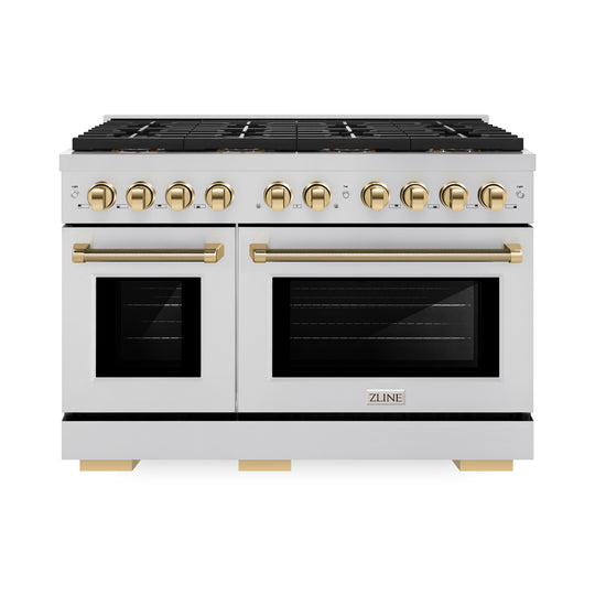 ZLINE Autograph Edition 48 in. 6.7 cu. ft. Paramount Dual Fuel Range with 8 Burner DuoPro™ Cooktop and Dual Ovens in Stainless Steel with Polished Gold Helix Handles and Accents (PSDRZ-48-KG)