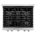ZLINE 30 in. 4.2 cu. ft. Paramount Dual Fuel Range with Gas Cooktop and Electric Convection Oven in Stainless Steel with 4 Brass Burners (SDR-BR-30) top-down, above cooktop.