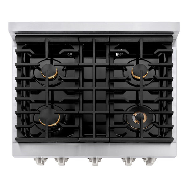 ZLINE 30 in. 4.2 cu. ft. Paramount Dual Fuel Range with Gas Cooktop and Electric Convection Oven in Stainless Steel with 4 Brass Burners (SDR-BR-30) top-down, above cooktop.