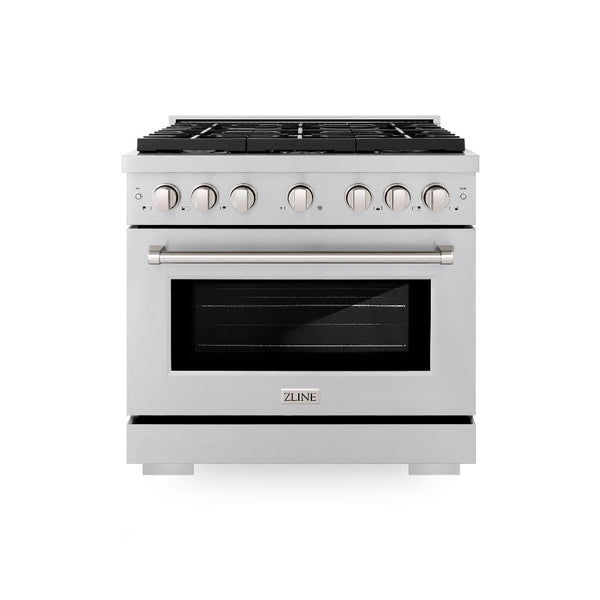 ZLINE 36 in. 5.2 cu. ft. Paramount Dual Fuel Range with Gas Cooktop and Electric Convection Oven in Stainless Steel with 6 Brass Burners (SDR-BR-36) front.