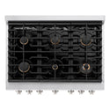 ZLINE 36 in. 5.2 cu. ft. Paramount Dual Fuel Range with Gas Cooktop and Electric Convection Oven in Stainless Steel with 6 Brass Burners (SDR-BR-36) above, top-down view of gas cooktop.
