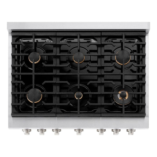 ZLINE 36 in. 5.2 cu. ft. Paramount Dual Fuel Range with Gas Cooktop and Electric Convection Oven in Stainless Steel with 6 Brass Burners (SDR-BR-36) above, top-down view of gas cooktop.