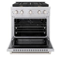 ZLINE 30 in. 4.2 cu. ft. Gas Range with Convection Gas Oven in Stainless Steel with 4 Brass Burners (SGR-BR-30) front, oven open.