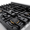 Italian-made burners and cast-iron grates close-up on ZLINE 30 in. 4.2 cu. ft. Gas Range with Convection Gas Oven in Stainless Steel with 4 Brass Burners (SGR-BR-30)