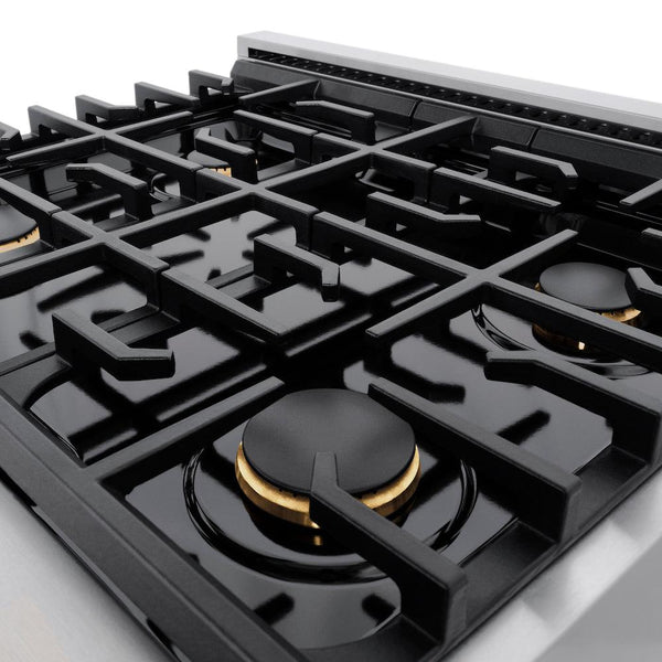 Italian-made burners and cast-iron grates close-up on ZLINE 30 in. 4.2 cu. ft. Gas Range with Convection Gas Oven in Stainless Steel with 4 Brass Burners (SGR-BR-30)