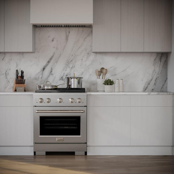 ZLINE 30 in. 4.2 cu. ft. Paramount Gas Range with Convection Gas Oven in Stainless Steel with 4 Brass Burners (SGR-BR-30) front, in a luxury kitchen.