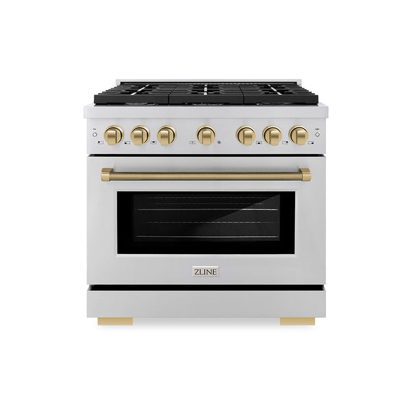 ZLINE Autograph Edition 36 in. 5.2 cu. ft. Paramount Gas Range with 6 Burner Cooktop and Convection Gas Oven in Stainless Steel with Champagne Bronze Helix Handle and Knob Accents (SGRZ-36-KCB)