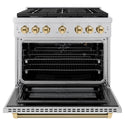 ZLINE Autograph Edition 36 in. 5.2 cu. ft. Paramount Gas Range with 6 Burner Cooktop and Convection Gas Oven in Stainless Steel with Polished Gold Helix Handle and Knob Accents (SGRZ-36-KG)