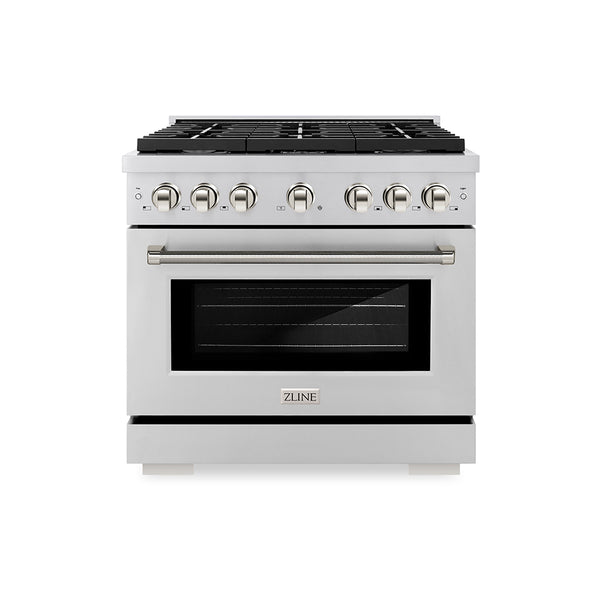 ZLINE Autograph Edition 36 in. 5.2 cu. ft. Paramount Gas Range with 6 Burner Cooktop and Convection Gas Oven in Stainless Steel with Polished Nickel Helix Handle and Knob Accents (SGRZ-36-KPN)