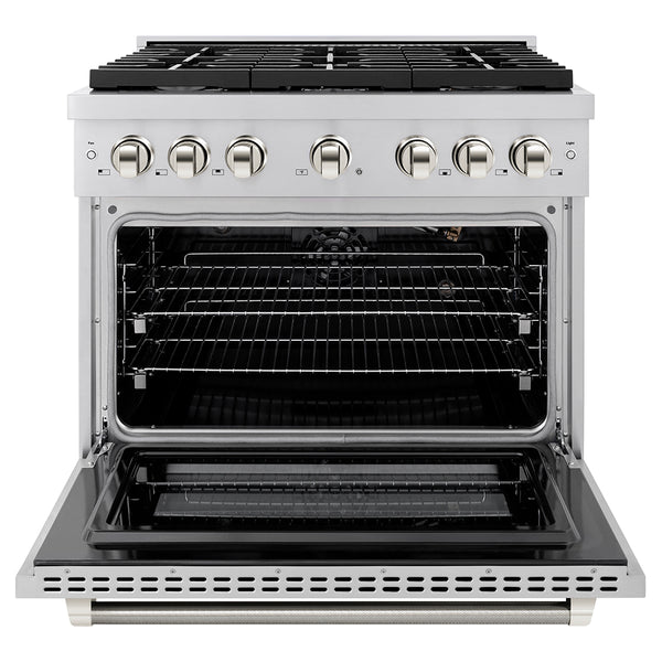 ZLINE Autograph Edition 36 in. 5.2 cu. ft. Paramount Gas Range with 6 Burner Cooktop and Convection Gas Oven in Stainless Steel with Polished Nickel Helix Handle and Knob Accents (SGRZ-36-KPN)