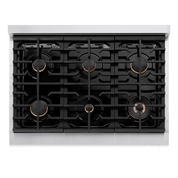 ZLINE Autograph Edition 36 in. 5.2 cu. ft. Paramount Gas Range with 6 Burner Cooktop and Convection Gas Oven in Stainless Steel with Polished Nickel Helix Handle and Knob Accents (SGRZ-36-KPN)