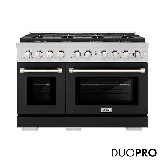 ZLINE 48 in. 6.7 cu. ft. Paramount Gas Range with 8 Burner DuoPro™ Cooktop and Dual Ovens with Black Matte Doors (PSGR-BLM-48)